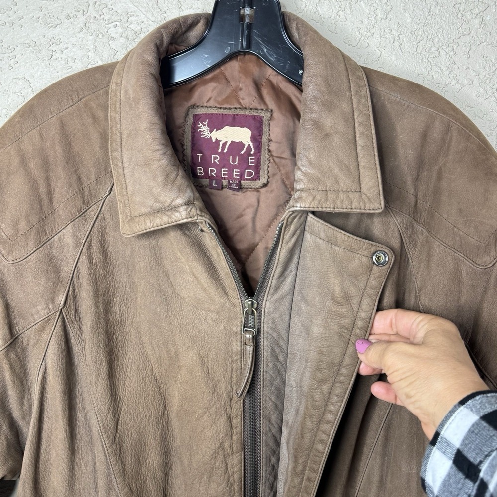 VTG True Breed Men's Distressed Brown Leather Retro Bomber Jacket Size L Aviator - Picture 3 of 14